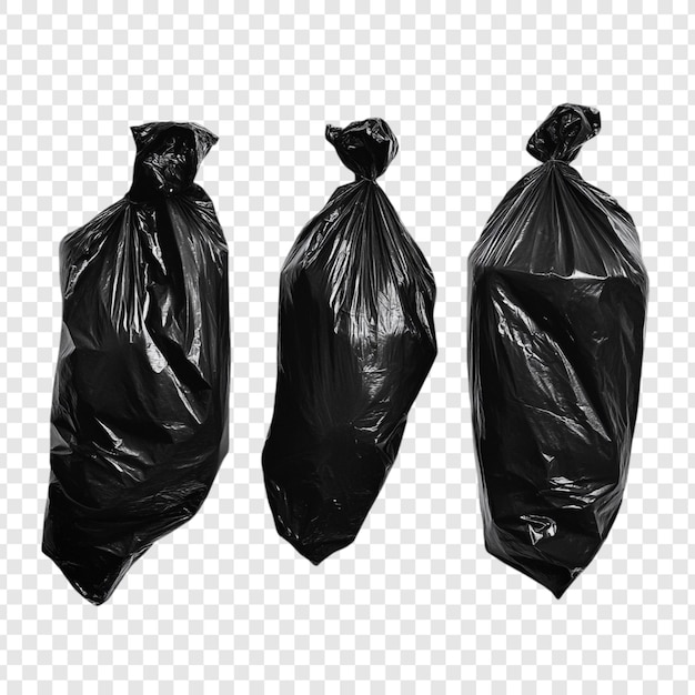 Tres bolsas de basura negras llenas aisladas sobre un fondo transparente