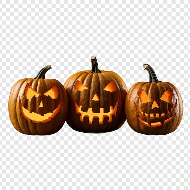 Tres calabazas cobran vida en halloween aisladas en un fondo transparente