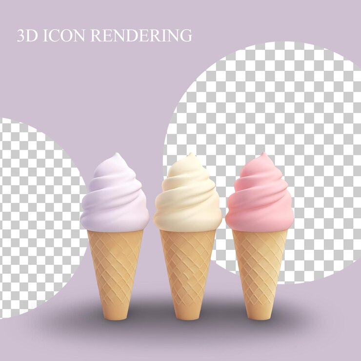 PSD gratuito tres conos de helado de colores en un estilo de renderización 3d en un fondo pastel