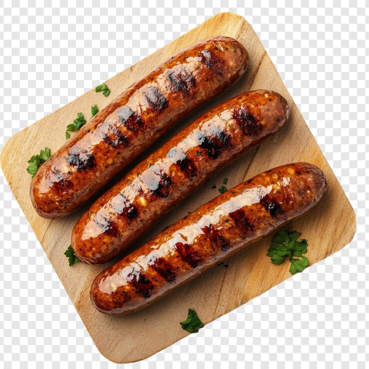 PSD gratuito tres deliciosas salchichas a la parrilla en una tabla de madera