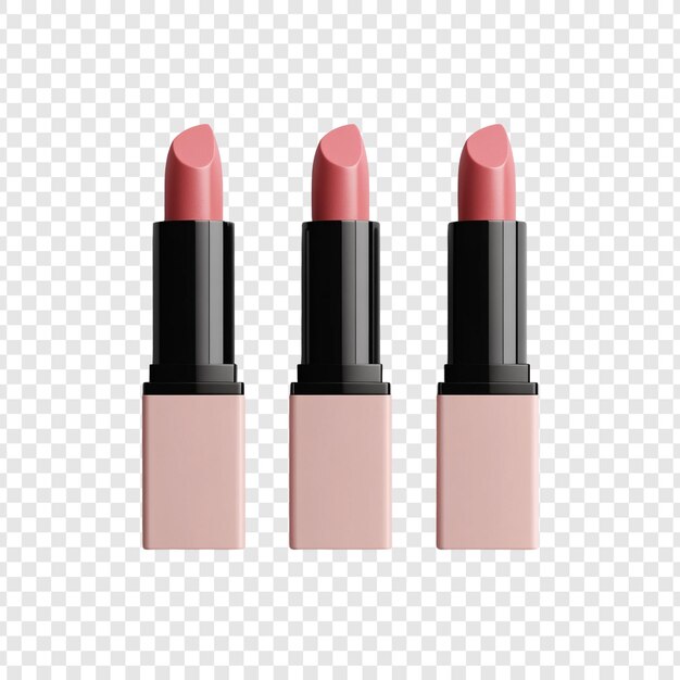 Tres elegantes lápices de labios rosados sobre un fondo transparente