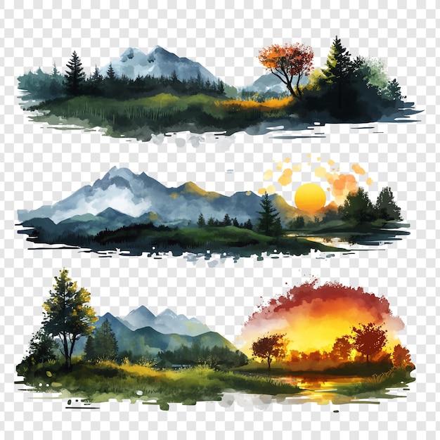 Tres paisajes de montaña de acuarela amanecer sereno vista de otoño y pico de niebla