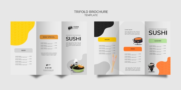 Tríptico de restaurante asiático de sushi