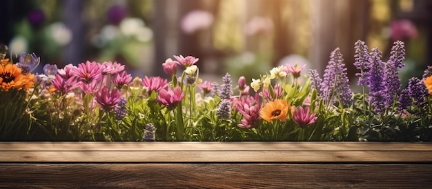 Gratis PSD tuin bloemen op houten tafel achtergrond generatieve ai
