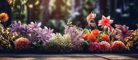 Gratis PSD tuin bloemen op houten tafel achtergrond generatieve ai