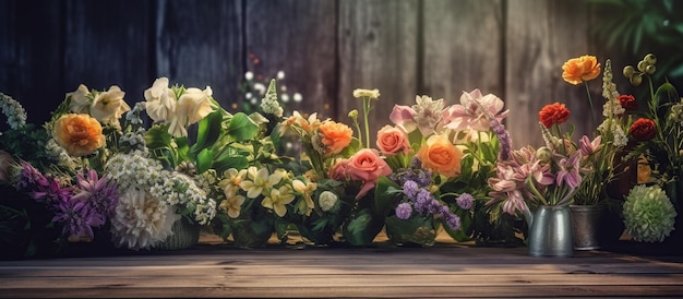 Gratis PSD tuin bloemen op houten tafel achtergrond generatieve ai