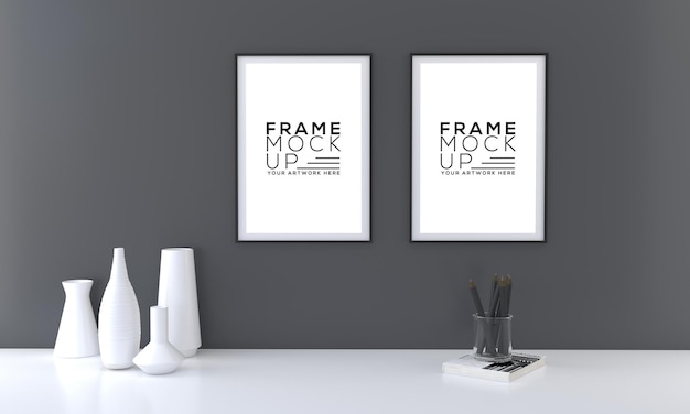 Twee frame mockup met vazen op donkere muur 3d rendering Premium Psd