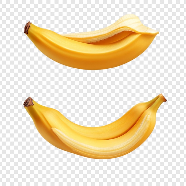 Twee rijpe gele bananen, geschild en niet geschild, geïsoleerd op een doorzichtige achtergrond Vers fruit Gezonde snack Tropische producten