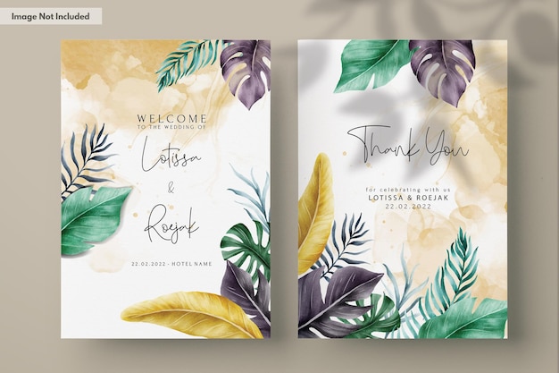 Gratis PSD uitnodigingskaart set met kleurrijke tropische bladeren