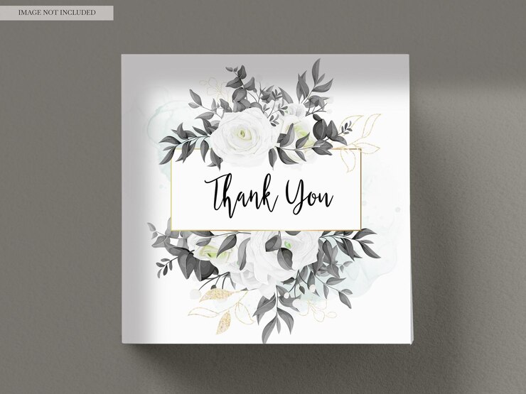 PSD gratuito un biglietto di ringraziamento con un bordo floreale e un fiore bianco.