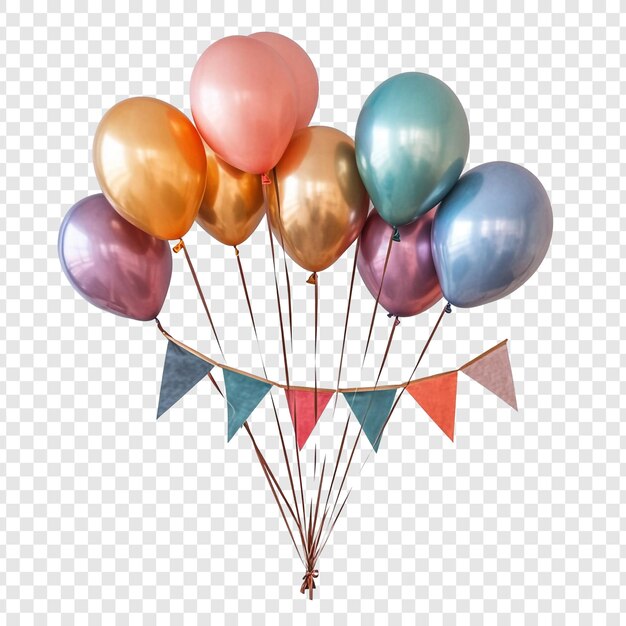 Un grappolo di palloncini pastel con bandiere festive