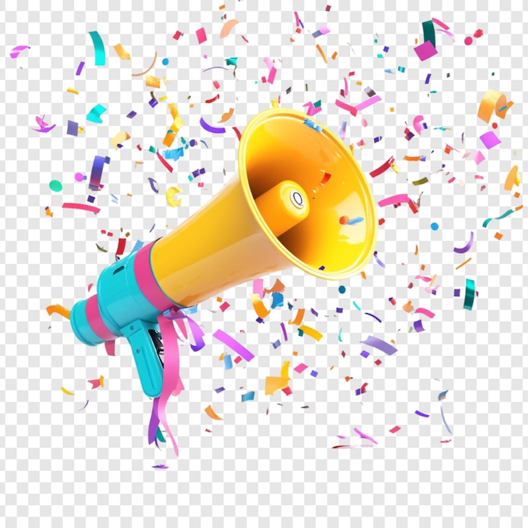 PSD gratuito un megafono colorato con confetti che annuncia notizie gioiose