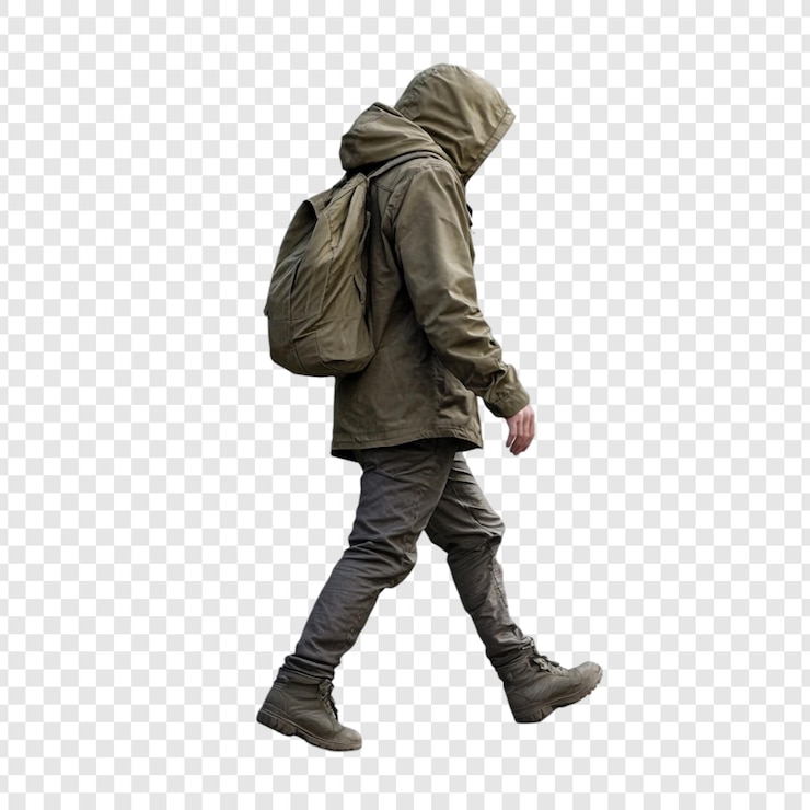 PSD gratuito un viaggiatore solitario avvolto in una giacca verde oliva e uno zaino cammina con determinazione lungo un sentiero la cui destinazione è sconosciuta