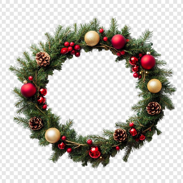 PSD gratuito una festosa corona di natale ornamenti rossi e dorati adornano un rigoglioso cerchio sempreverde