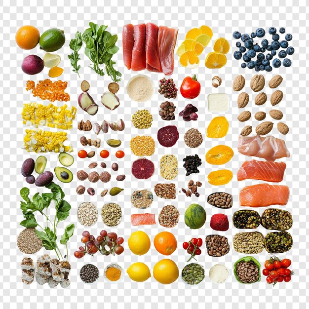 Una varietà di alimenti nutrienti Una colorata selezione di frutta Verdure Grani e proteine
