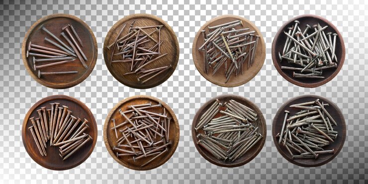 Una varietà di chiodi su piastre di legno esposti in modo creativo
