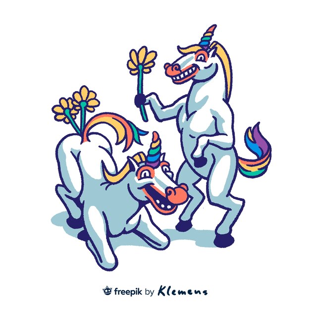 Unicornios felices dibujados a mano con flores