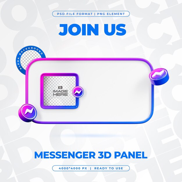 Unirse a nosotros en el perfil de Messenger Medios sociales Renderizado en 3D aislado para composición