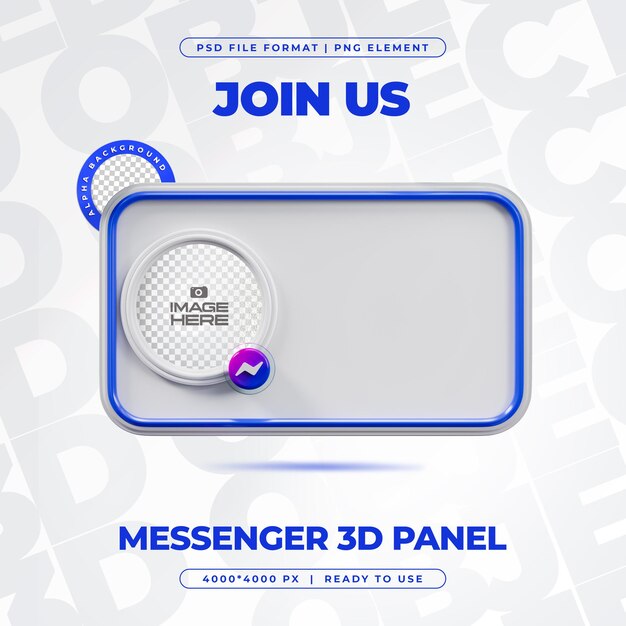 Unirse a nosotros en el perfil de Messenger Medios sociales Renderizado en 3D aislado para composición