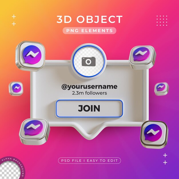 Unirse a nosotros en el perfil de Messenger Medios sociales Renderizado en 3D aislado para composición