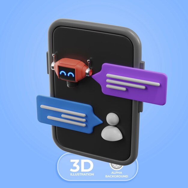 Utilización de chatbots y asistentes virtuales Ilustración en 3D