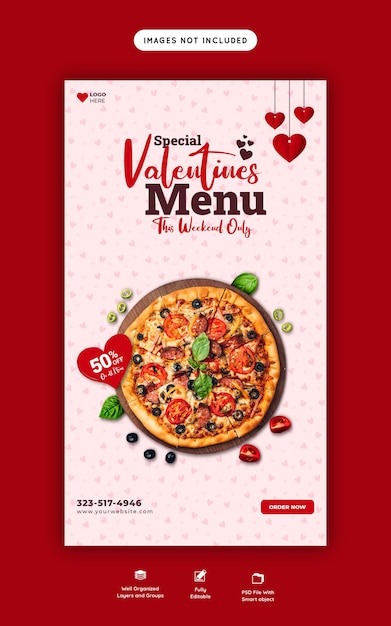 Valentine-voedselmenu en heerlijke pizza instagram- en facebook-verhaalsjabloon