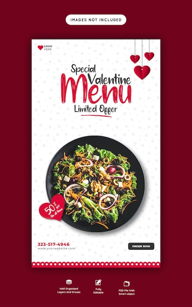 Valentine-voedselmenu en restaurant Instagram- en Facebook-verhaalsjabloon