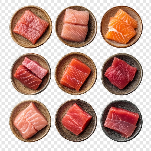 Una variedad de sashimi, atún, salmón y más.