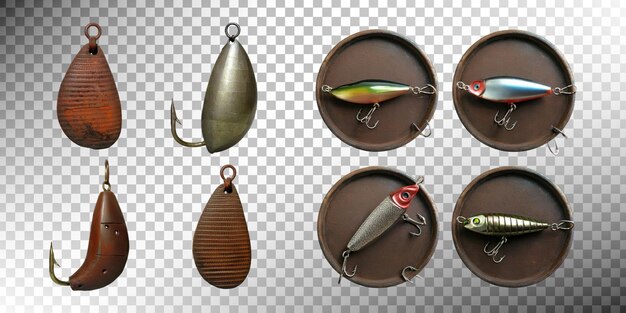 Varios señuelos de pesca en exhibición
