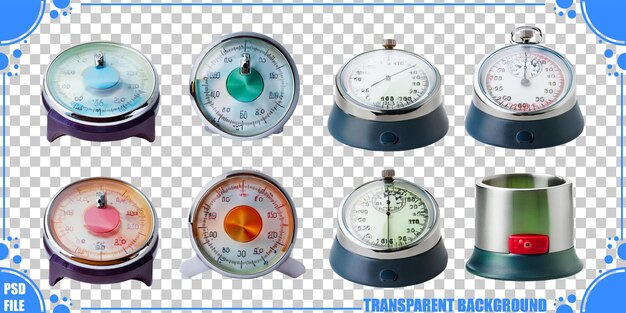 Varios temporizadores de cocina retro en un fondo transparente