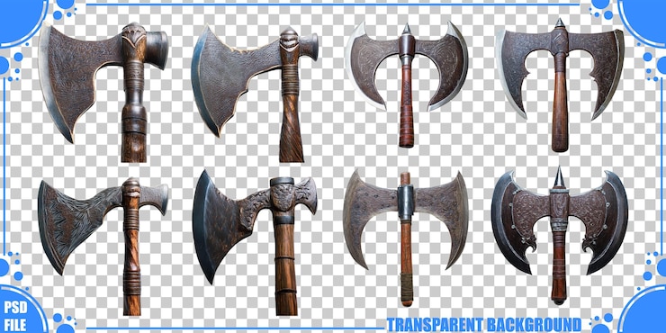 PSD Gratis various designs of battle axes on transparent background