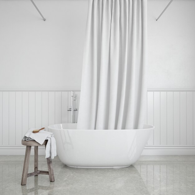vasca da bagno con tenda e sgabello con asciugamano