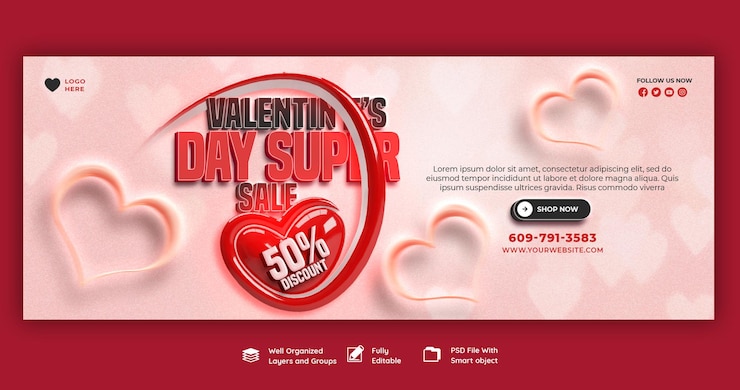 PSD gratuito venta de descuento de feliz día de san valentín portada de facebook y plantilla de publicación en redes sociales