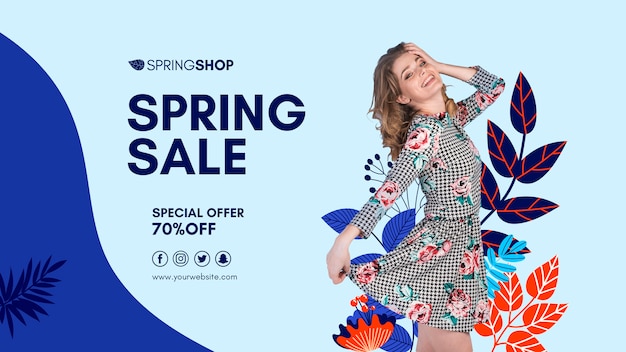 PSD gratuito venta de primavera de banner con mujer y hojas