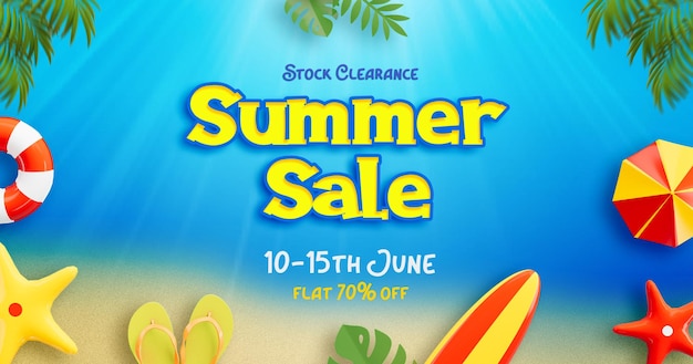 Venta de verano de plantilla de banner de post de Facebook con coloridos elementos de playa en 3D