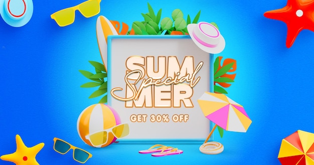 Venta de verano de plantilla de banner de post de Facebook con coloridos elementos de playa en 3D