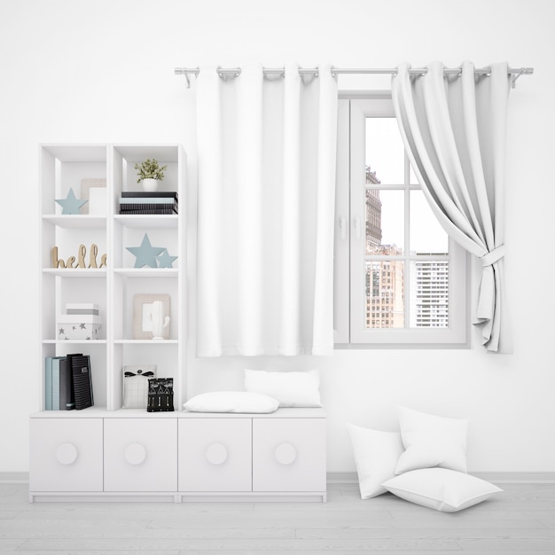 Ventana con cortinas blancas y muebles minimalistas.
