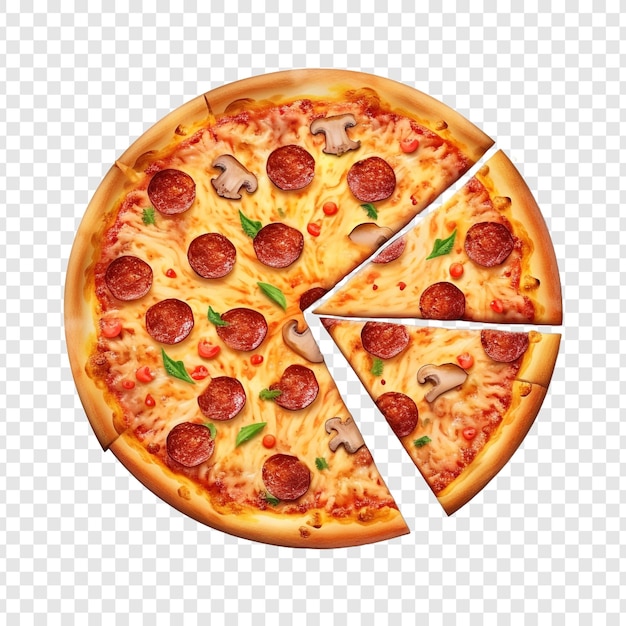 Versgebakken pizza met een gesneden plakje geïsoleerd op transparante achtergrond
