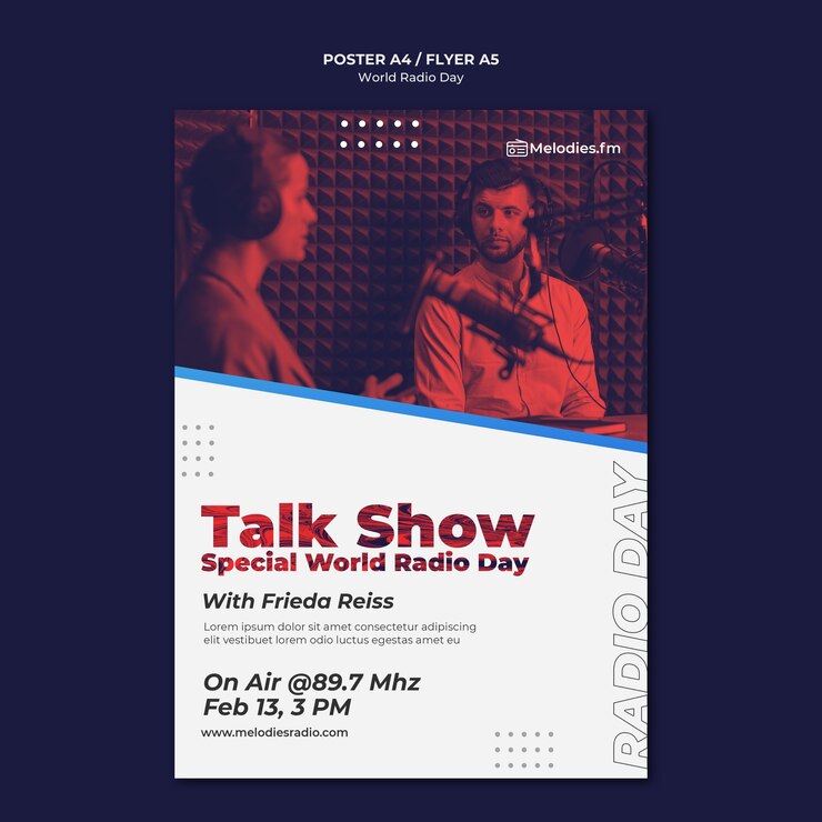 PSD Gratis vertical poster for world radio day with male broadcaster