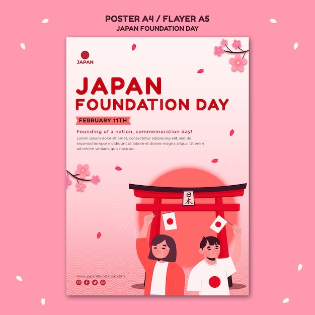 Gratis PSD verticale flyer voor de stichtingsdag van japan met bloemen