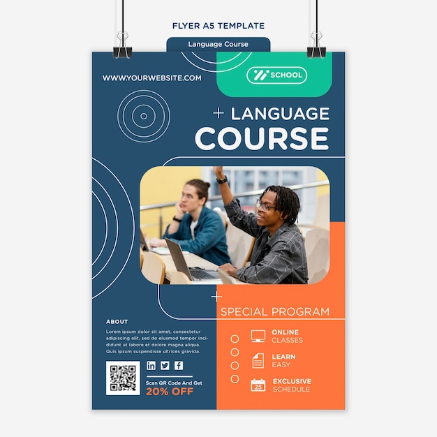 Gratis PSD verticale flyer voor taalcursus met geometrische lijnen