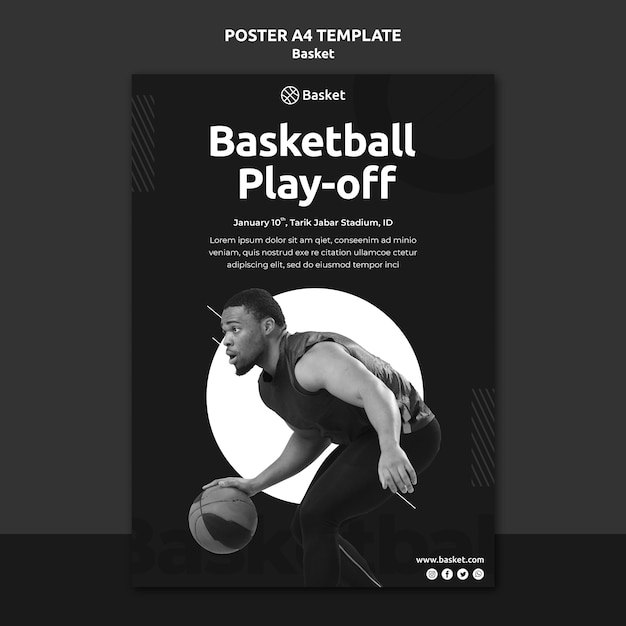 Gratis PSD verticale poster sjabloon in zwart-wit met mannelijke basketbal atleet