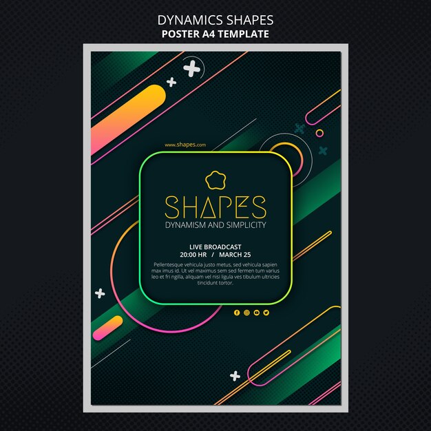 Verticale poster sjabloon met dynamische geometrische neonvormen