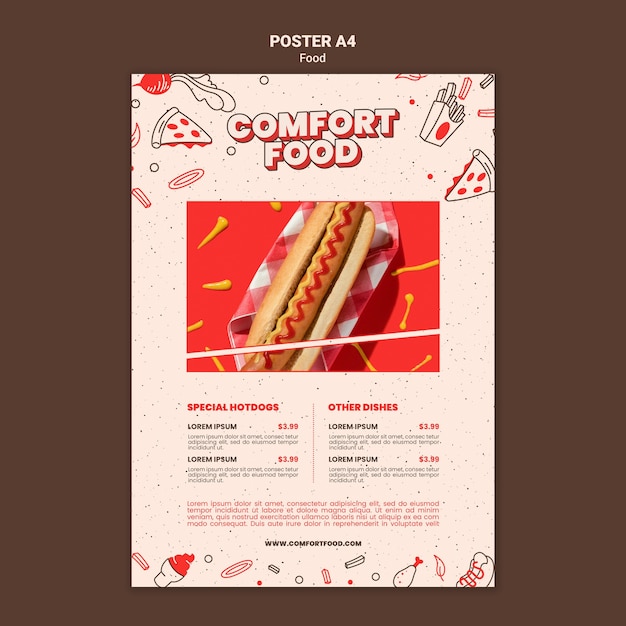 Gratis PSD verticale poster sjabloon voor hotdog comfort food