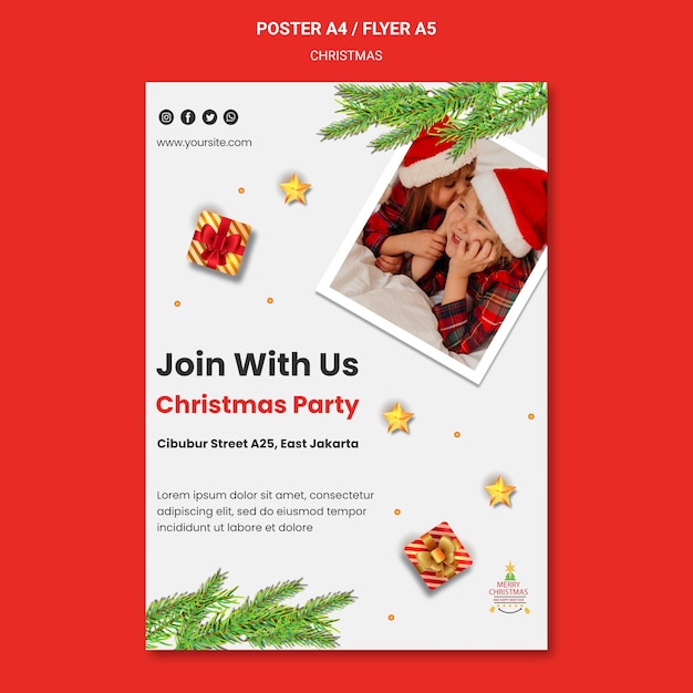 Gratis PSD verticale poster sjabloon voor kerstfeest met kinderen in kerstmutsen