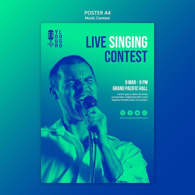 Gratis PSD verticale poster voor live muziekwedstrijd met artiest