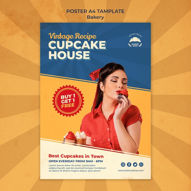 Gratis PSD verticale poster voor vintage bakkerijwinkel met vrouw