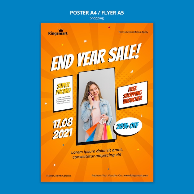 Verticale poster voor winkelen met vrouw met boodschappentassen