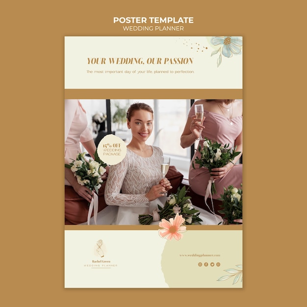 Gratis PSD verticale postersjabloon voor bruiloftplanner met aquarel bloemmotief