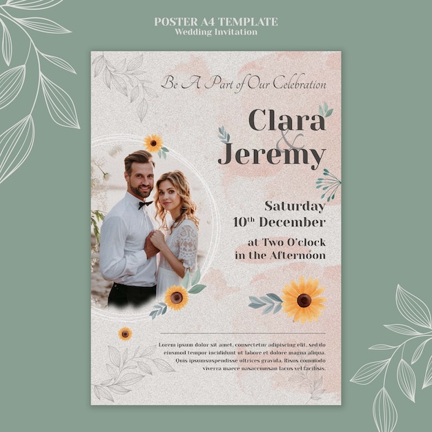 Gratis PSD verticale postersjabloon voor huwelijksuitnodiging met paar en bloemen